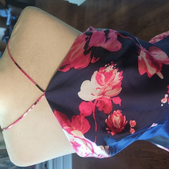 Navy/ Pink Halter Fit and Flare Mini Dress Prom/ Party Floral Satin NWT Sz 11 - Picture 3 of 8